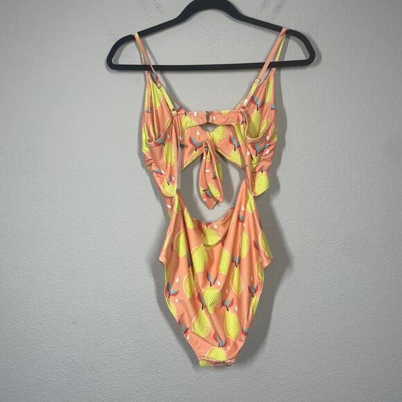 ModCloth Plus 1X The Siena One-Piece Swimsuit Pink Yellow Fruit Print Bow Front - Picture 4 of 10